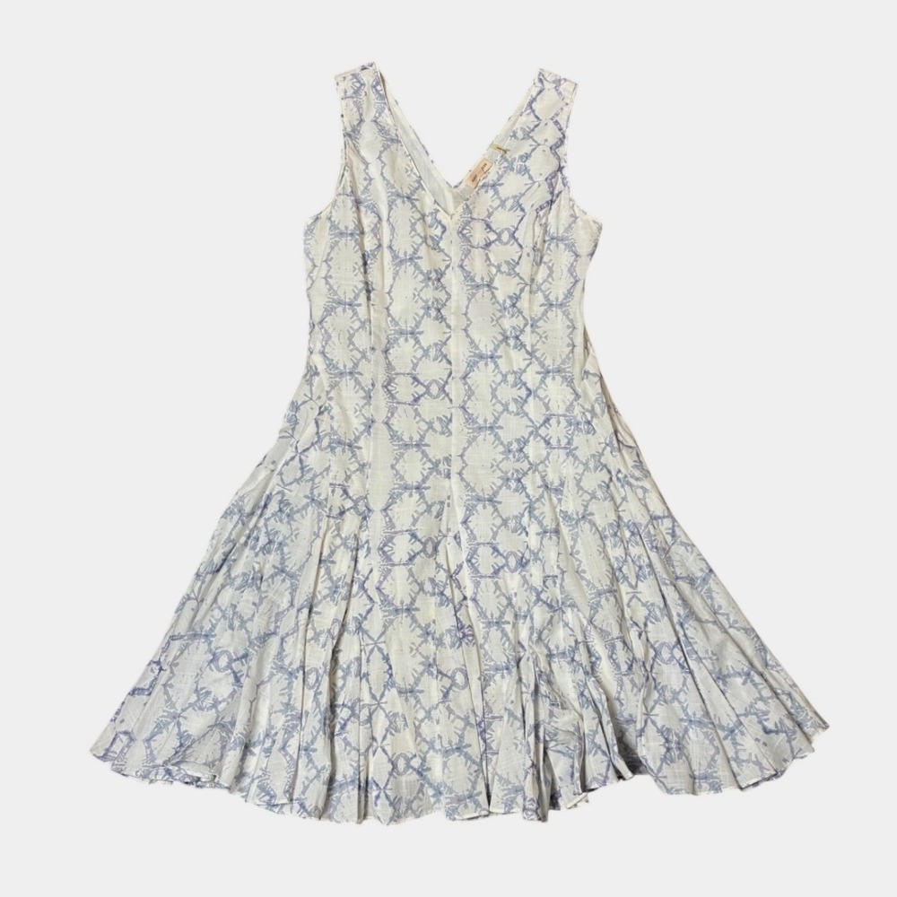 Rebecca Taylor Blue White Cotton Ikat Print Sleeveless Fit & Flare Dress 4